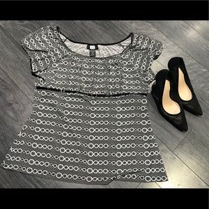 Black and White Belted Blouse Top